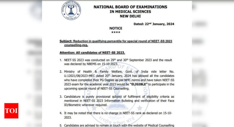 NEET SS Counselling 2023: Particular spherical cutoff lowered for Tremendous Speciality admissions, examine particulars right here